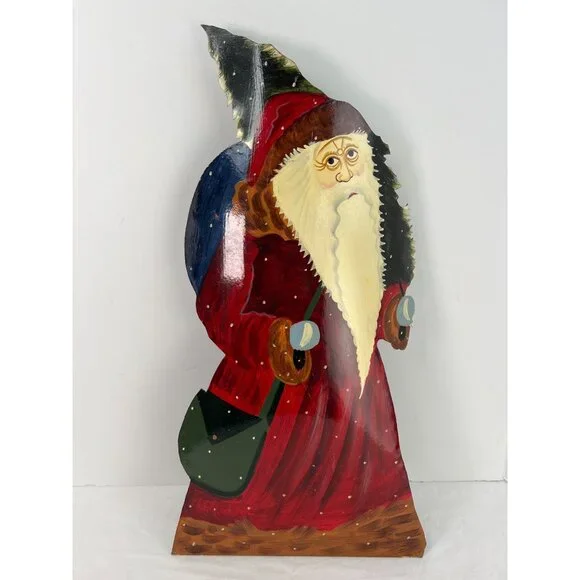 Old World Santa Claus St. Nicholas Hand Painted Tin Metal 21" Tall Rustic Free S - Picture 1 of 5